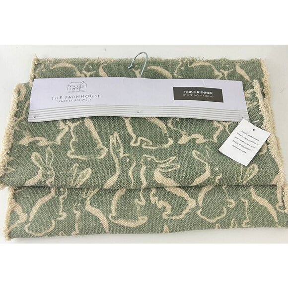 Rachel Ashwell Farmhouse Table Runner 16" X 72" Green & Beige 100% Cotton Bunny - Picture 2 of 8